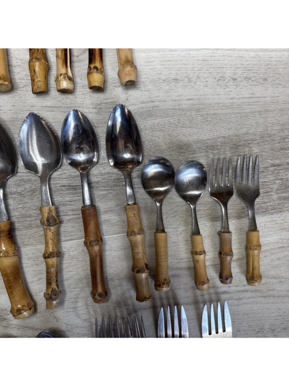 Vtg 29pc Bamboo Handle Flatware Silverware and Serving Pieces Stainless Japan - Picture 5 of 14